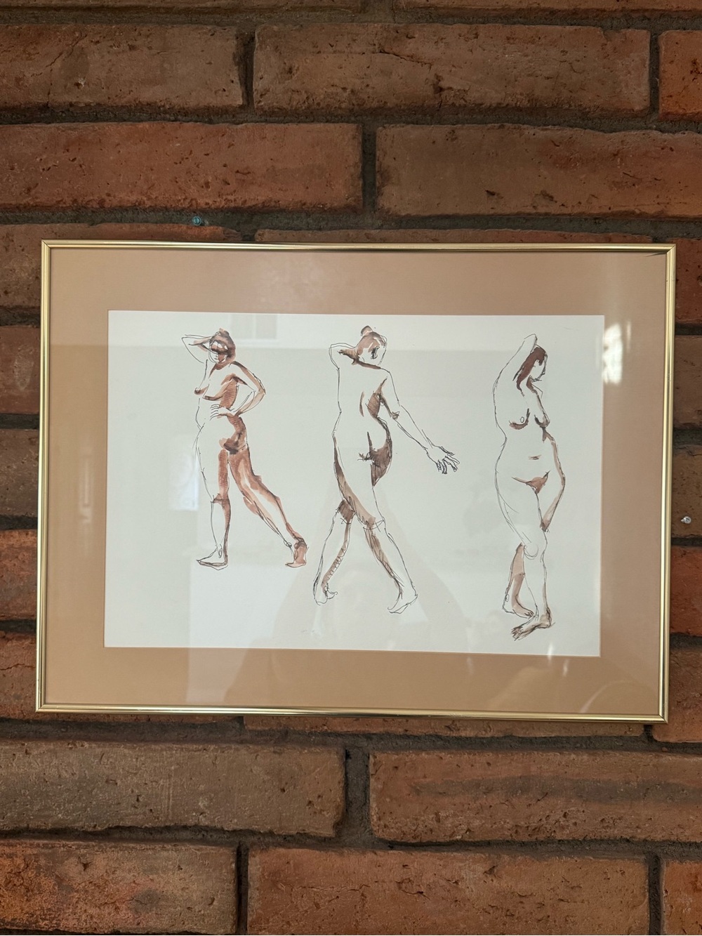 Framed Nude Figure Study Orginal Art in Tan and White w/ Gold Frame